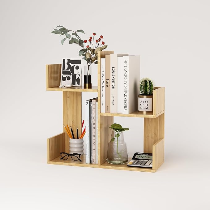 Modern 2-Tier Desk Bookshelf, Short Book Organizer, Display Shelf & Desktop Storage Rack, Space-Saving Desk Bookshelf for Books, Decor & Small Items, Natural