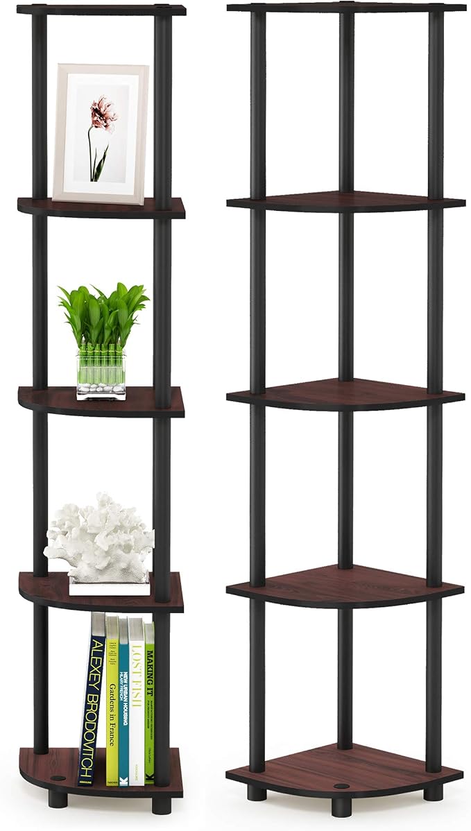 Furinno TURN-N-TUBE Corner Shelf Set of 2, 5-Tier Corner Bookshelf, Open Storage Shelves, for Organization and Storage, Living Room, Home Office, Garage, Dark Cherry