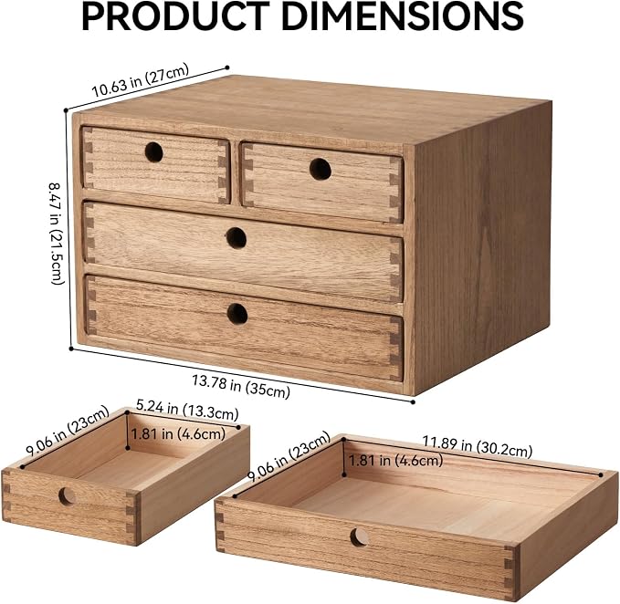 KIRIGEN Wood Desk Organizer with 4 Drawers, Desktop Storage, Brown 34-DBR | 3-Tier Solid Wood Cabinet Holds Letter-Size Paper, Mail, Makeup, Crafts, and Home Office Supplies, Fully Assembled
