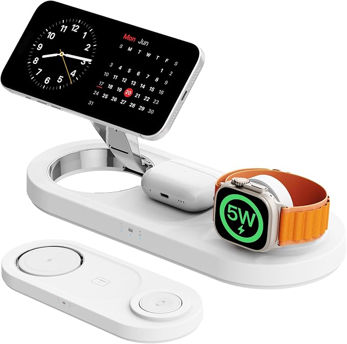 15W • Metals • Travel Ready,Magnetic 3 in 1 Wireless Charging Station,for iPhone17-12,Fast 5W Charger for Apple Watch AirPods,Foldable Stand MagSafe Charger Dock for Nightstand Desk Travel