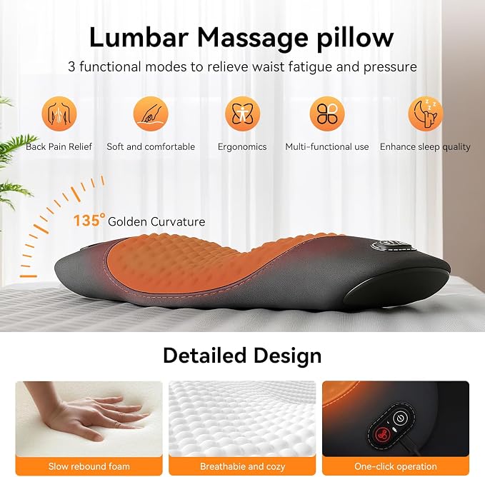 3-in-1 Electric Lumbar Support Pillow, Triple Fusion Back Massager with Heat, Vibration and Stretch, Ergonomic Lower Back Massager for Pain Relief Deep Tissue, Ideal for Car Bed Office Chair Travel