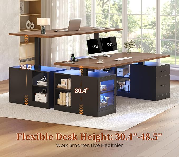 UPOSOJA 71 in Executive Standing Desk, Electric Height Adjustable Desk with Storage Drawers, Glass Cabinet, Shelves, Power Outlet, LED Light, Wood Sit Stand up Computer Desks for Home Office (Black)
