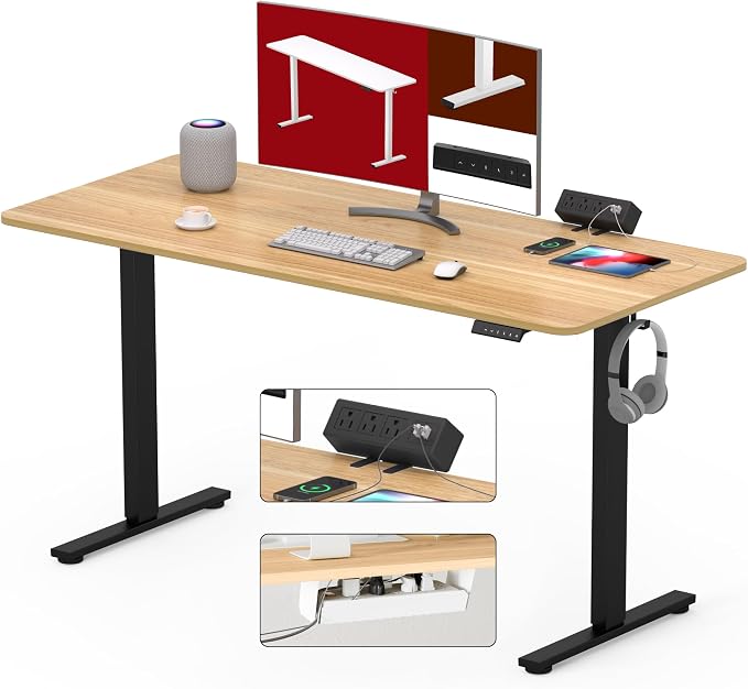 SANODESK Electric Standing Desk with Clamp Power Strip 48"x 24" Whole-Piece Desktop Height Adjustable Stand Up Desk with Cable Management Sit Stand Home Office Black Frame/Maple Top