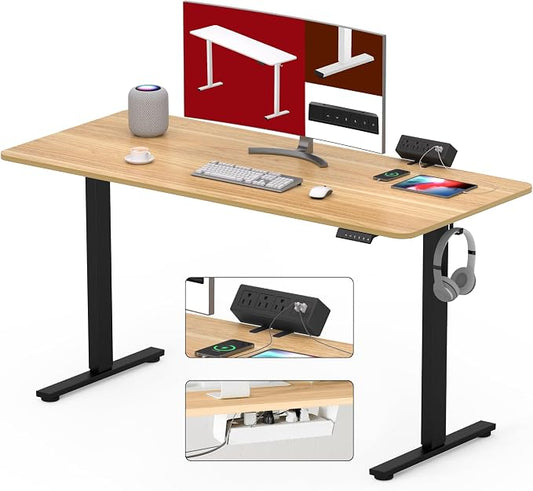 SANODESK Electric Standing Desk with Desk Clamp Power Strip 48"x 30" Whole-Piece Desktop Height Adjustable Stand Up Desk with Cable Management Sit Stand Home Office Desk Black Frame/Maple Top