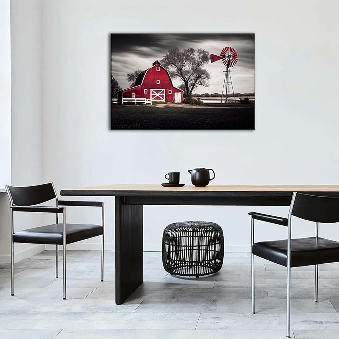 Country Wall Art Large Farmhouse Old Red Barn Canvas Picture Wood Artwork for Home Rustic Farm Scene Windmill Painting Bedroom Living Room Black and White Nature Country Landscape Wall Decor 24x36"