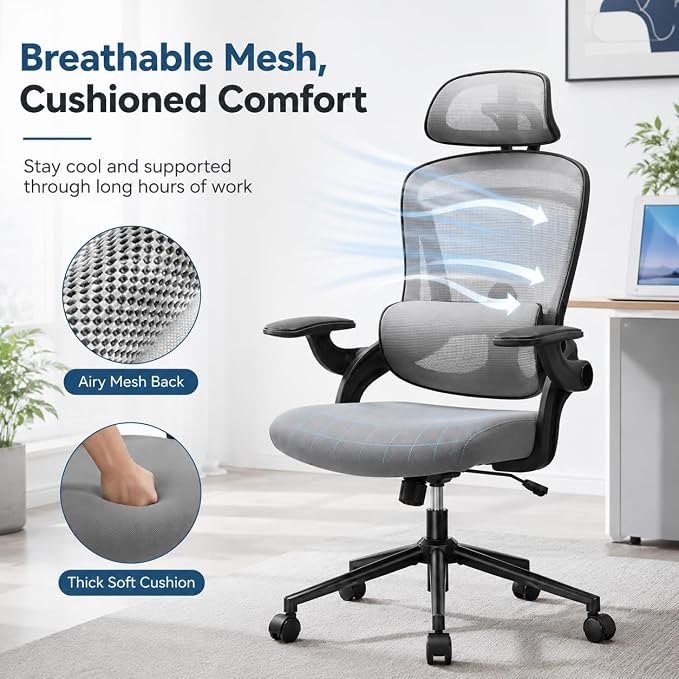 Ergonomic Office Chair, Home Office Desk Chairs with Adjustable Lumbar Support and Headrest, High Back Mesh Computer Desk Chair with 3D Flip-up Armrests & 360° Swivel Wheels, 275 LBS