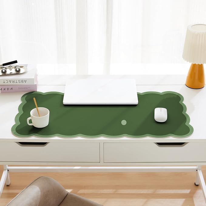 Scalloped Desk Mat, 31.5" x 15.7" Dark Forest Green Large Cute Aesthetic Desk Accessories, PU Leather Computer Laptop Desk Mouse Keyboard Pad, Desk Writing Mat for Vanity/Work/Home Decor