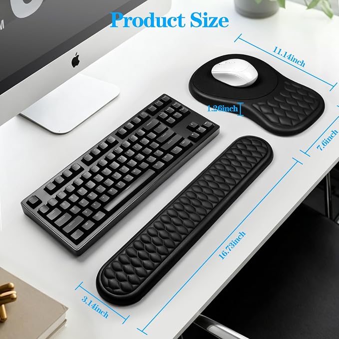 Ergonomic Wrist Rest for Keyboard and Mouse Pad Support Set, Soft Memory Foam Massage Design Relieves Wrist Pain, Non-Slip PU Base for Computer Desk (2-in-1 * Black