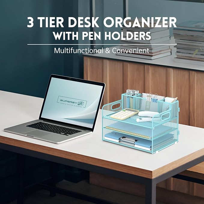 3-Tier Desk Organizer with Pen Holder and Handles, Paper Organizer, Blue | Desk Organizer and Paper Organizer for Desk with Pen Holder, Paper Trays and Handles for Files, Mail and Office Supplies
