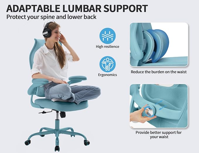 TRALT Ergonomic Office Chair- Desk Chair with Adjustable Lumbar Support | Big and Tall Back Ergonomic Desk Chair - Home Office Mesh Chairs and PU Leather Seat for Home Reading to Adults(Blue)