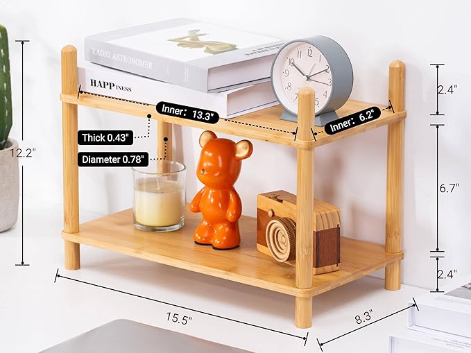 2-Tier Expandable Bamboo Desktop Organizer Shelf Kitchen Cabinet and Counter Riser Display Shelf for Top of Desk Home Office Bathroom Coffee Table Display Stand