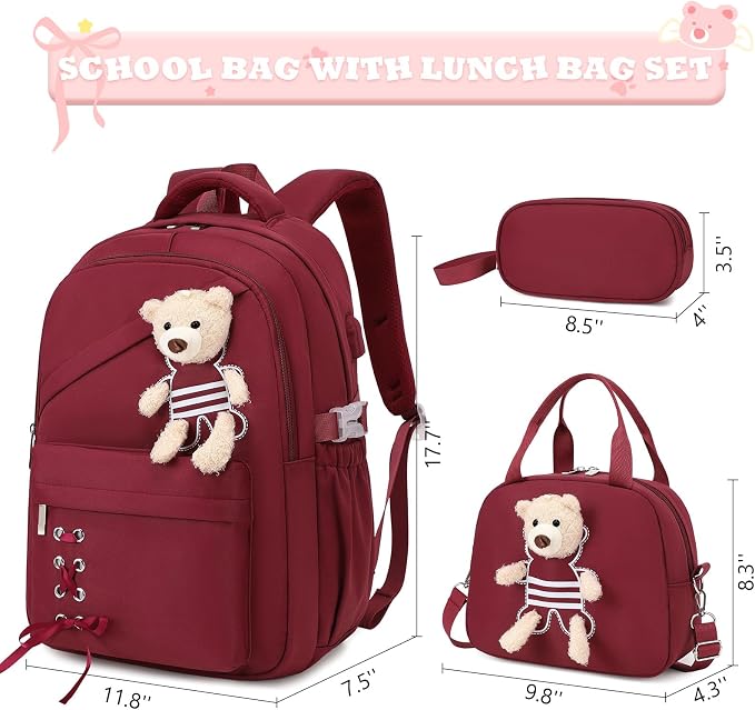ACESAK School Backpack for Girls - 3 PCS Cute Girls Backpack with Lunch Box & Pencil Case - Kawaii Casual Kids Bookbag School Bag Daypacks Set for Elementary Middle High School Student Teens (Red)
