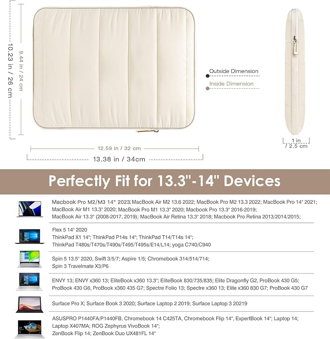 MoKo 13-14 Inch Puffy Laptop Sleeve, Laptop Carrying Bag Fit with New Mac Neo A18 Pro, Mac Pro M5 14" 2026, Mac Air 13.6/13.3, iPad Pro 12.9/13, Notebook Laptop Travel Bag, Milky White
