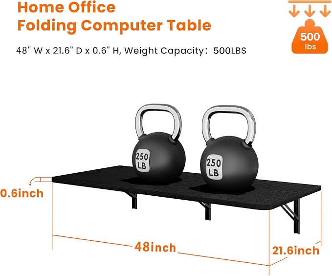 IAE Wall Mounted Floating Foldable Desk, 48" x 22" Folding Computer Workstation Table with Engineered Wood and Metal Shelf Brackets,Fold&Floating Design for Home Office, Apartment,Laundry Room,Black