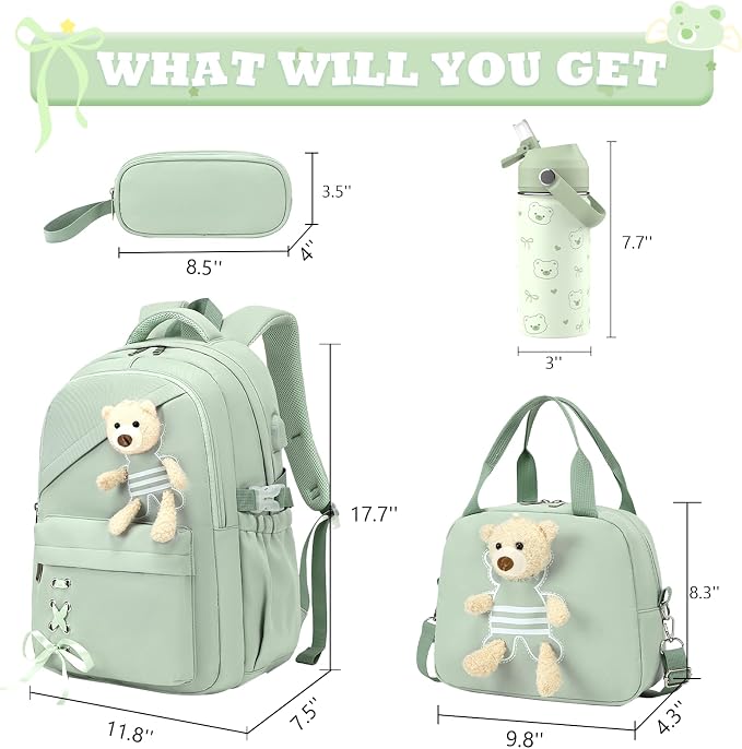 ACESAK Backpack for Girls with Insulated Water Bottle - 4 PCS Cute Girls Backpack with Lunch Box, Pencil Case & Kids Cup Set - 14oz Kids Water Bottle with Straw Set Back to School Supplies (Green)
