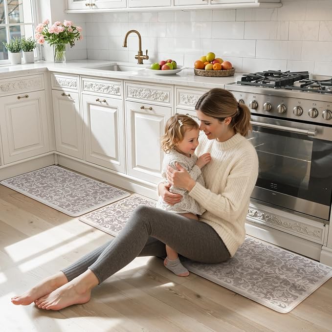 LEEVAN Cushioned Kitchen Mats for Floor Sets of 2, Vintage Distressed Grey Anti-Fatigue Kitchen Mat for Laundry,Non Slip Waterproof Standing Mat for Home,Office, Desk,Sink(17.3"x29"+17.3"x59")