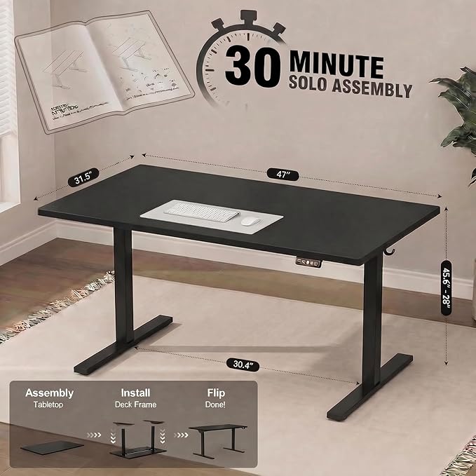 Grandder 47x32 Large Electric Standing Desk, Height Adjustable Computer Desk with 2 Memory Presets, 31.5" Deep Desktop Sit Stand Desk Home Office Desk Workstation Table with Hooks, Black