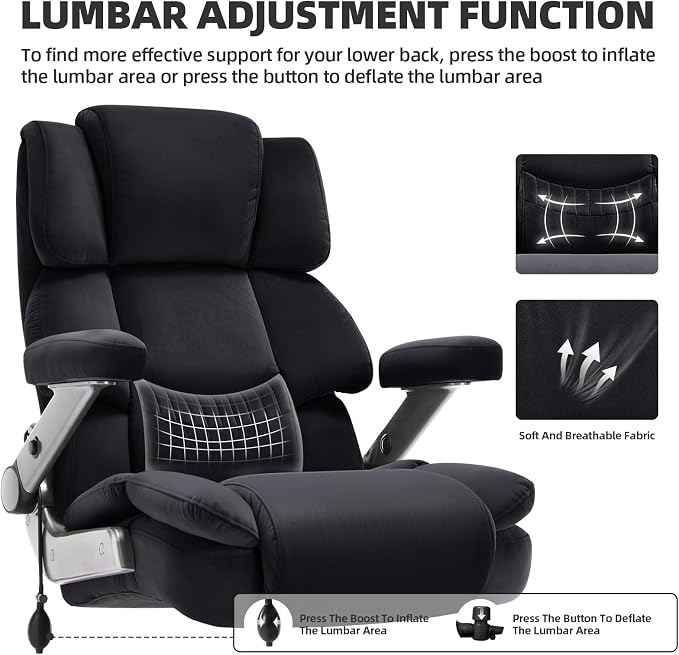 VUZI 700LBS Large Heavy Duty Office Chair with 3D Flip Arms, Big and Tall Plus Size Fabric Executive Desk Chairs, High Back Extra Wide Computer Chair with Adjustable Lumbar Support, Sturdy Metal Base