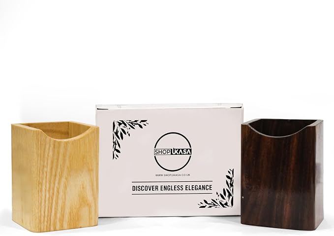 Wooden Pen Holder for Desk, 2 Pack Natural Wood Pencil Cup Holder – Office Desk Accessories Organizer, Makeup Brush Holder, Kids Crayon Marker Caddy, Eco-Friendly (2 Pack - 1 Beech + 1 Walnut))