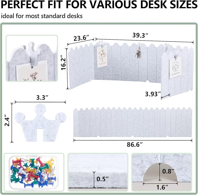 86.5 x 16'' Foldable Felt Desk Divider with 25 Thumbtacks & 8 Clips, Acoustic Desk Partition Privacy Panel, Versatile Cubicle Shield Hanging Note Item, for Office Home(Wavy)