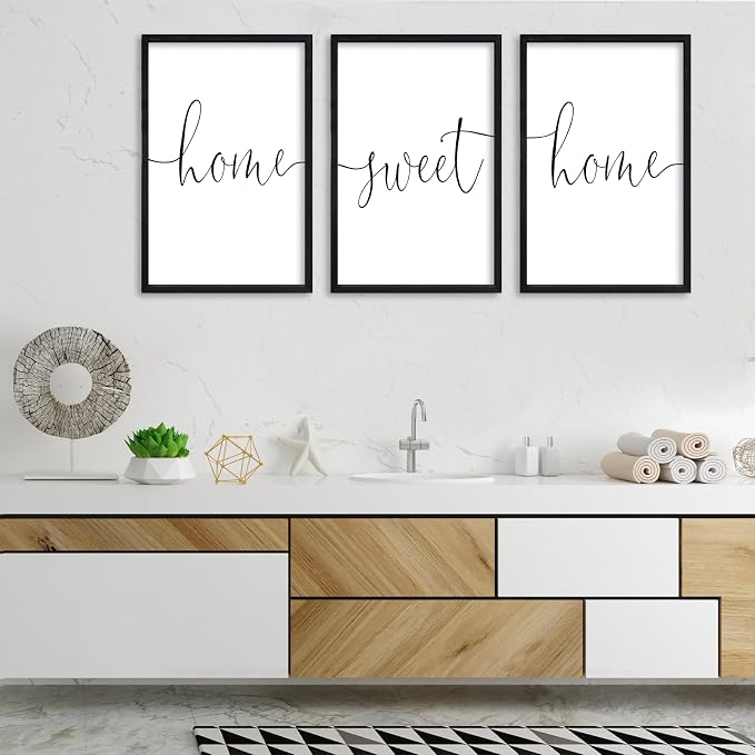 RLWangChao Home Sweet Home Sign Set of 3 Wall Art Decor 16"X24" Vintage Bedroom Above Bed Minimalist Modren Living Room Wooden Framed Warm And Cozy Family Wall Hanging Decoration (Black)