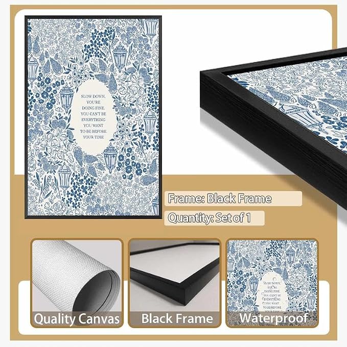 Framed Slow Down Youre Doing Fine Music Posters Motivational Quote Wall Art Blue Victorian Floral Inspirational Canvas Print Vintage Aesthetic Positive Affirmation Office Home Calming Decor 16x24inch