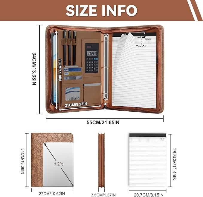 Leathario Portfolio Binder, Includes 5 Sheet Protectors and a Pen, 13 Inch Tablets Organizer, Vegan Leather A4 Padfolio, Multi-Pocket Notepad Business Planner Professional Document
