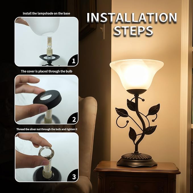 Vintage Rural Leaf Table Lamp Set of 2, 7.28×7.28×14.29 inch LED Floral Desk Light, with Frosted Glass Shade, One-Button Switch for Bedroom, Living Room, Nightstand, LED Bulb Included