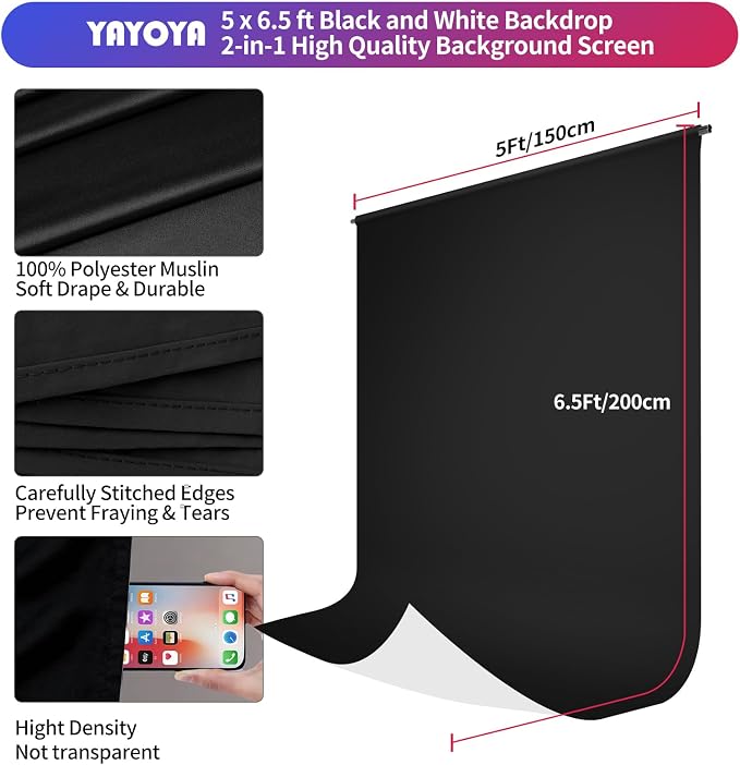 Black White Backdrop Screen with Stand Kit 5x6.5ft for Photo Video Studio, 2-in-1 Revisible Black Backdrop White Screen with T-Shaped Photography Background Support Stand and 5 Clamps