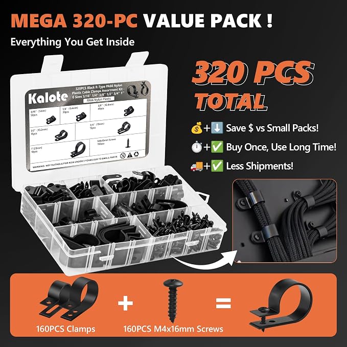 320Pcs Black PA66 Nylon R Type Cable Clamps Clips Assortment Kit | Good Ductility, Fireproof, 6 Sizes (3/16'' 1/4'' 3/8'' 1/2'' 3/4'' 1''), 160pcs M4 Screws, for TV/PC/AC Cables & Wires.