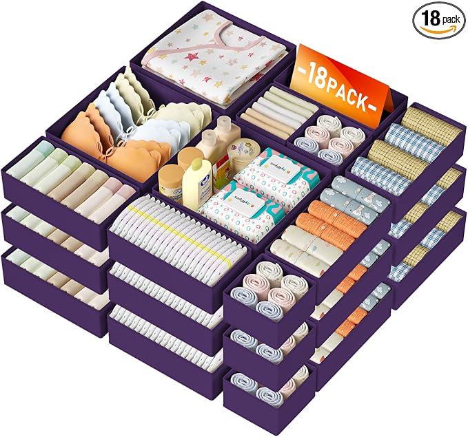 DIMJ Drawer Organizer Clothes 18 Pack - Foldable Baby Organizers and Storage & Dresser Organizer for Bedroom, Closet - Nursery Organization Dresser Dividers for underwear, Sock,Bra, Belt, Tie, Purple