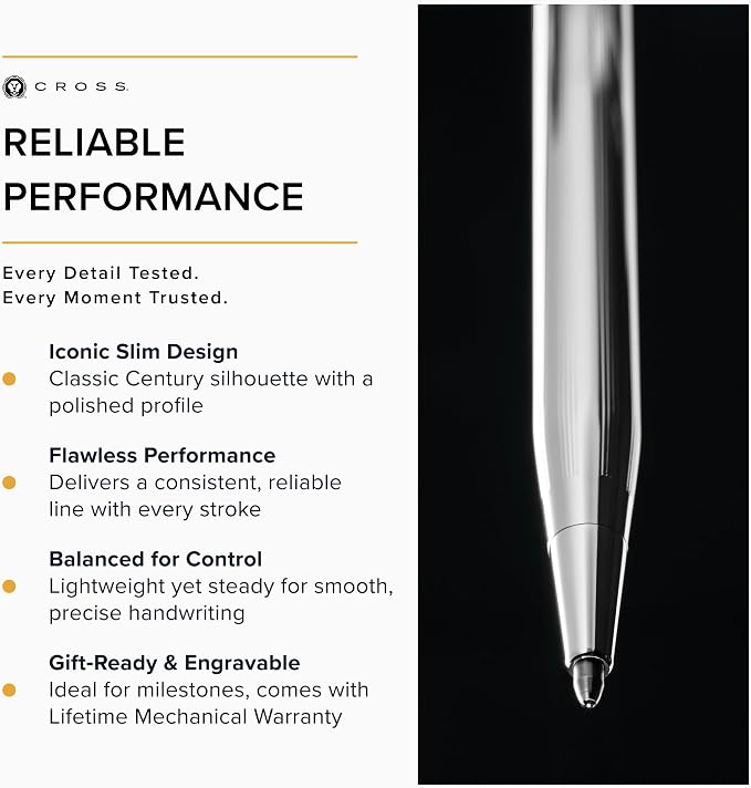 Cross Classic Century Lustrous Chrome Ballpoint Pen - Refillable Pen for Effortless Writing - Black Ink - Durable Construction - Premier Distinctive Look - Gift-Ready