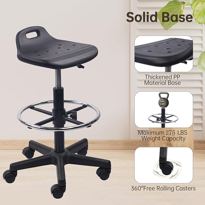 KLASIKA Drafting Rolling Stool Adjustable Height with Foot Rest Breathable Seat Cushion Swivel Stools with Wheels, Multi-Purpose Work Stool for Shop, Task, Salon, Black, 4 Pack