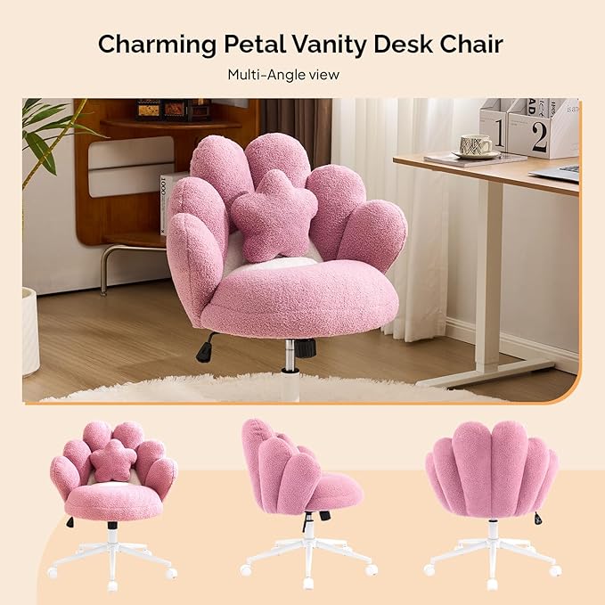 VINGLI Cute Petal Vanity Desk Chair with Star Pillow, Armless Swivel Chair in Vibrant Color-Blocking, Height Adjustable Modern Computer Task Chair for Bedroom & Home Office, Teddy Fleece,Purple