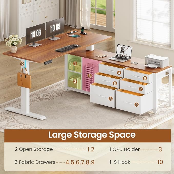 SEDETA L Shaped Electric Standing Desk, 55" x 55" Height Adjustable Office Executive Desk with 6 Fabric Drawers and Storage Shelves, Sit Stand Computer Desk with Power Outlet (White + Brown)