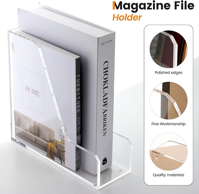 HeZone Acrylic Magazine Rack File Holder Desk Organizers and Storage 2-Pack Small Clear Acrylic Vertical Magazine Holder Book Stand for Office Desk