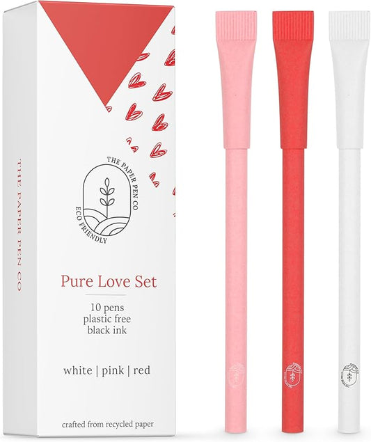 Paper Pen, Crafted From Recycled Paper, Metal Ink Insert, Plastic-free, Eco-friendly, Back to School, Sustainable Office Supplies, Goodie Bag Gift, Valentines Day, Black Ink, Pack of 10, Pure Love set