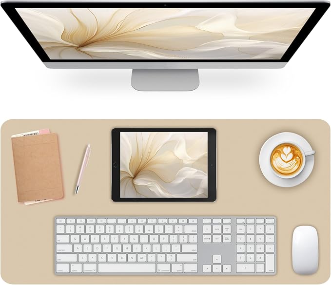 Non-Slip Desk Pad Mat, Leather Beige Desk Mat for Desktop, Large Mouse Pad, Waterproof Computer Mouse Mat Desktop Protector for Office/Home, 23.6" x 13.7"