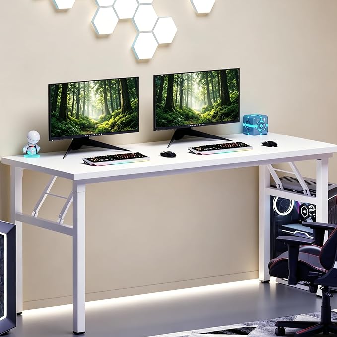 sogesfurniture Modern Foldable Computer Desk 54.3 inches, No Assembly Sturdy Large Laptop Workstation for Home Office, Portable Folding Study Table Writing Gaming Desk for Small Spaces, White
