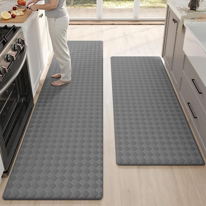 Color&Geometry Checkered Kitchen Mat 24x59+24x87 for Floor,Wide Set/2,Grey | Waterproof&Oil Proof, Easy Clean Kitchen Rug For Large/Busy Homes, Anti Fatigue 0.4in Cushion For Long Standing, Non Slip
