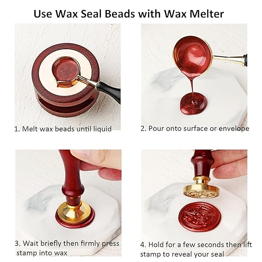 Wax Seal Beads Kit - 300pcs Wine Red Sealing Wax Beads with Wood Melting Warmer, Spoon & 10 Mini Candles for Stamp Seals, Wedding Invitation, Envelope, Cards, Gift Wrapping Decorations