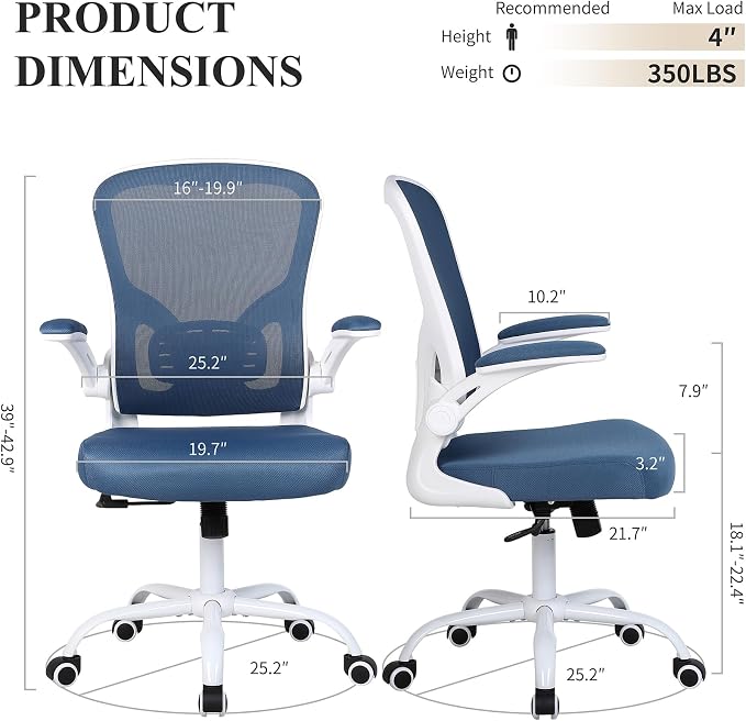 Flysky Mesh Office Chair, Ergonomic Computer Desk Chairs for Home Office - with Comfy/Comfortable Flip-up Arm Rests, Lumbar Support, Height Adjustable, 360 Degree Rolling Swivel (Blue)