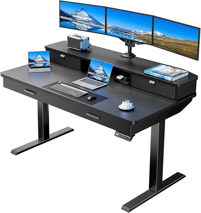 HUANUO 55 x 30 inch Electric Standing Desk with 4 Drawers, Black | Deeper 30 Inch Desktop, Cable Tray, Monitor Mount Support, Grommet Routing, 27.9–46.8 Inch Height Range, Home Office Use