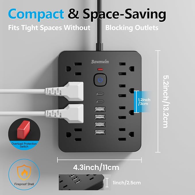 Surge Protector Power Strip, 8 Outlets(1850W/15A/14AWG), 6 USB Charging Ports(2 USB C), 6FT Flat Plug Extension Cord Outlet Extender with Overload Protection, ETL Certified for Office