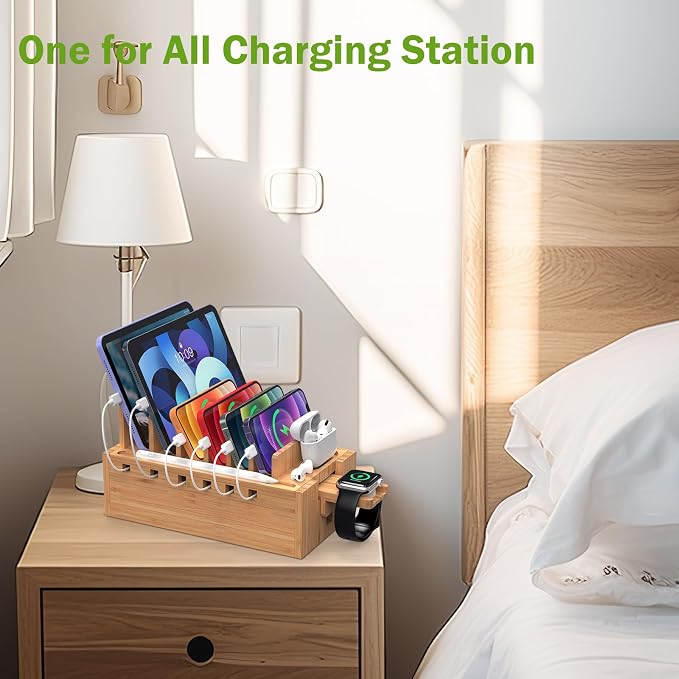 Pezin & Hulin Bamboo Charging Station with 5-Port USB & 5 Cables | All-in-One, 5-Port USB HUB Included, 8-Device Organizer, Natural Bamboo, Hidden Cord Compartment, Magnetic Base, Watch Stand