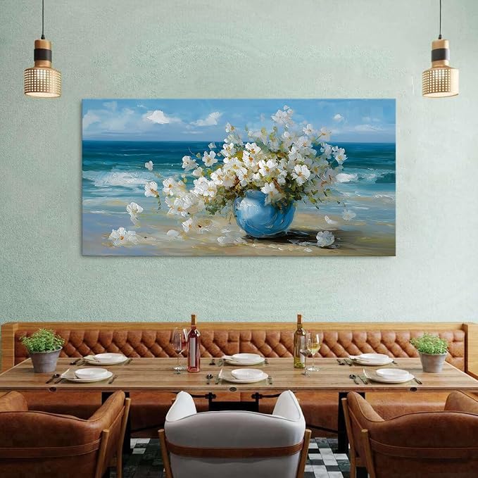 AIYISU Vintage Flowers Canvas Wall Art White Blossom Painting Retro Flowers in Blue Vase Pictures Blue Ocean Coastal Landscape Prints Poster Floral Artwork for Bathroom Bedroom Home Decoration 30x60