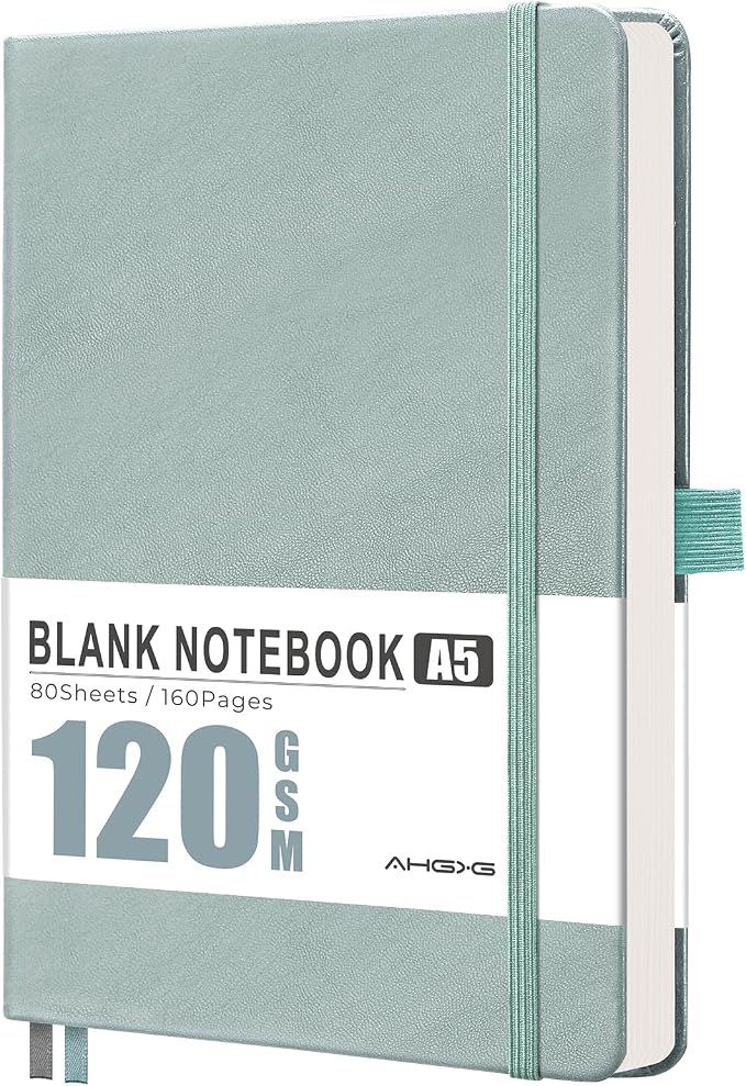 AHGXG Blank Journal Notebook, 160 Pages, A5 Medium Size (5.7'' x 8.3''), 120 GSM Thick Paper, Leather Hardcover, for Sketching, Drawing, Painting (Gray Blue)