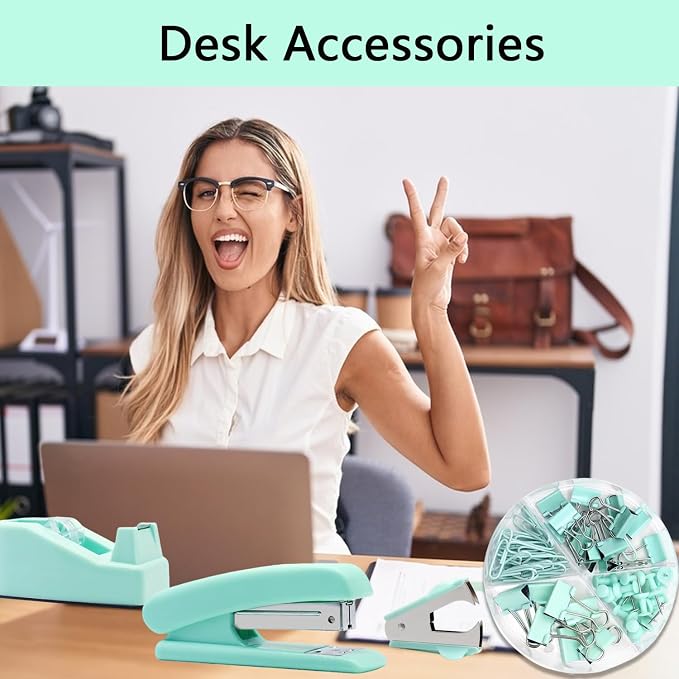 Office Supplies,Green Desk Accessories,Office Supplies Set,Stapler and Tape Dispenser Set,Scissors,Staple Remover,Binder Clips,Staples,Ballpoint Pen,Index Tabs with Ruler,Clear Tape.9pcs for Office