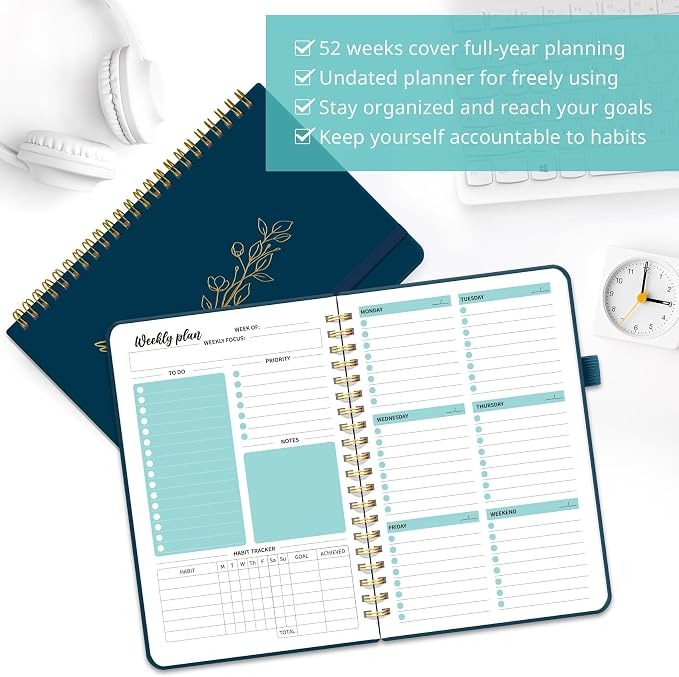 Taja Undated Weekly Planner, Weekly To Do List Notebook with Goal & Habit Tracker Organizer, A5 Weekly Planner Notebook with Spiral Binding, 6.1" x 8.2" - Navy