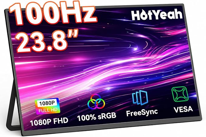 HotYeah 23.8" 100Hz Portable Monitor, 1080P FHD 100% sRGB IPS USB-C HDMI Large External Monitor, Home Gaming 2nd Screen w/180° Adjustable Kickstand for MacBook, Laptop, PC, Phone, Tablet, Switch, PS5